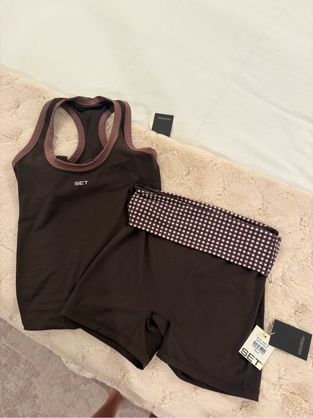 SET Active Brown Racerback Tank with Gingham-Trim Fold-Over Waist Shorts